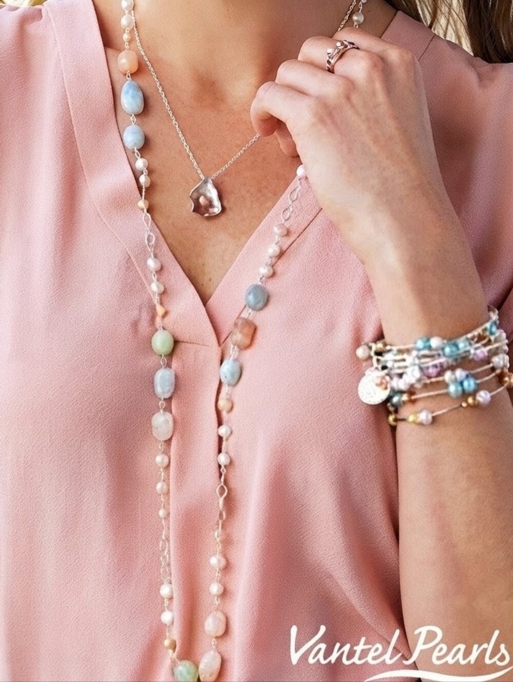 Vantel Pearls "Summer Sorbet" 40" Sterling Silver, Morganite & Freshwater Pearl